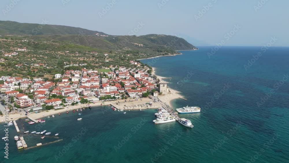 Ferry Boats at Port in Ouranoupoli, Athos, Halkidiki, Greece - Aerial 4k Circling Ferry Boats at Port in Ouranoupoli, Athos, Halkidiki, Greece - Aerial 4k Circling
