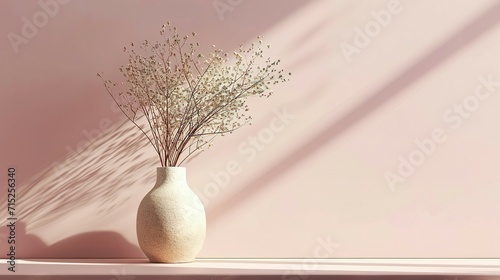 Minimalist interior decor with ceramic vase and dry plant, minimal shadows on the wall neutral pink 3d rendering aesthetic background