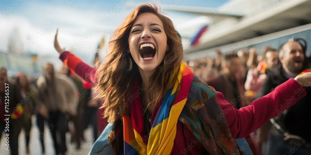 Joyful young woman celebrating outdoors surrounded by people. perfect for marketing and festivals. AI