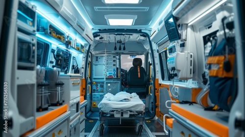 Emergency equipment and devices, Ambulance car interior details.