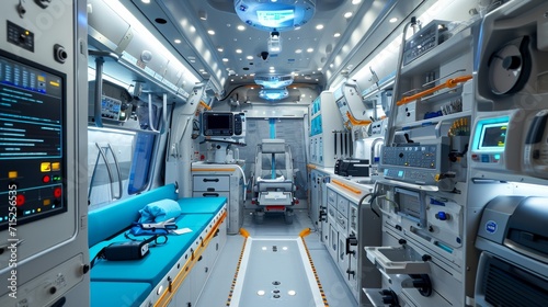 Emergency equipment and devices, Ambulance car interior details.