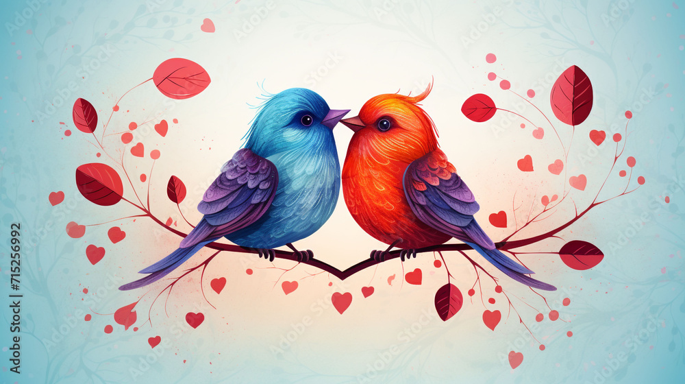 Valentine's Day, A couple of Romantic birds are hugging, in heart shape illustration