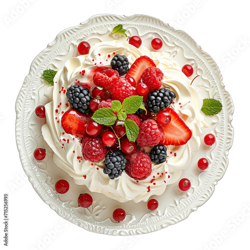 Plate of Pavlova isolated on white background, top view