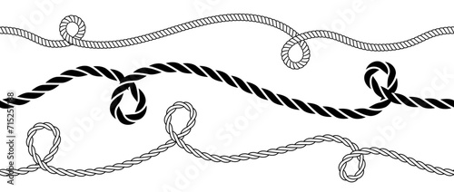 Wavy rope curve set. Repeating hemp cord stripes collection. Wavy loop tie braid bundle. Seamless black and white plait pattern. Vector marine twine design elements for banner, poster, frame, border photo