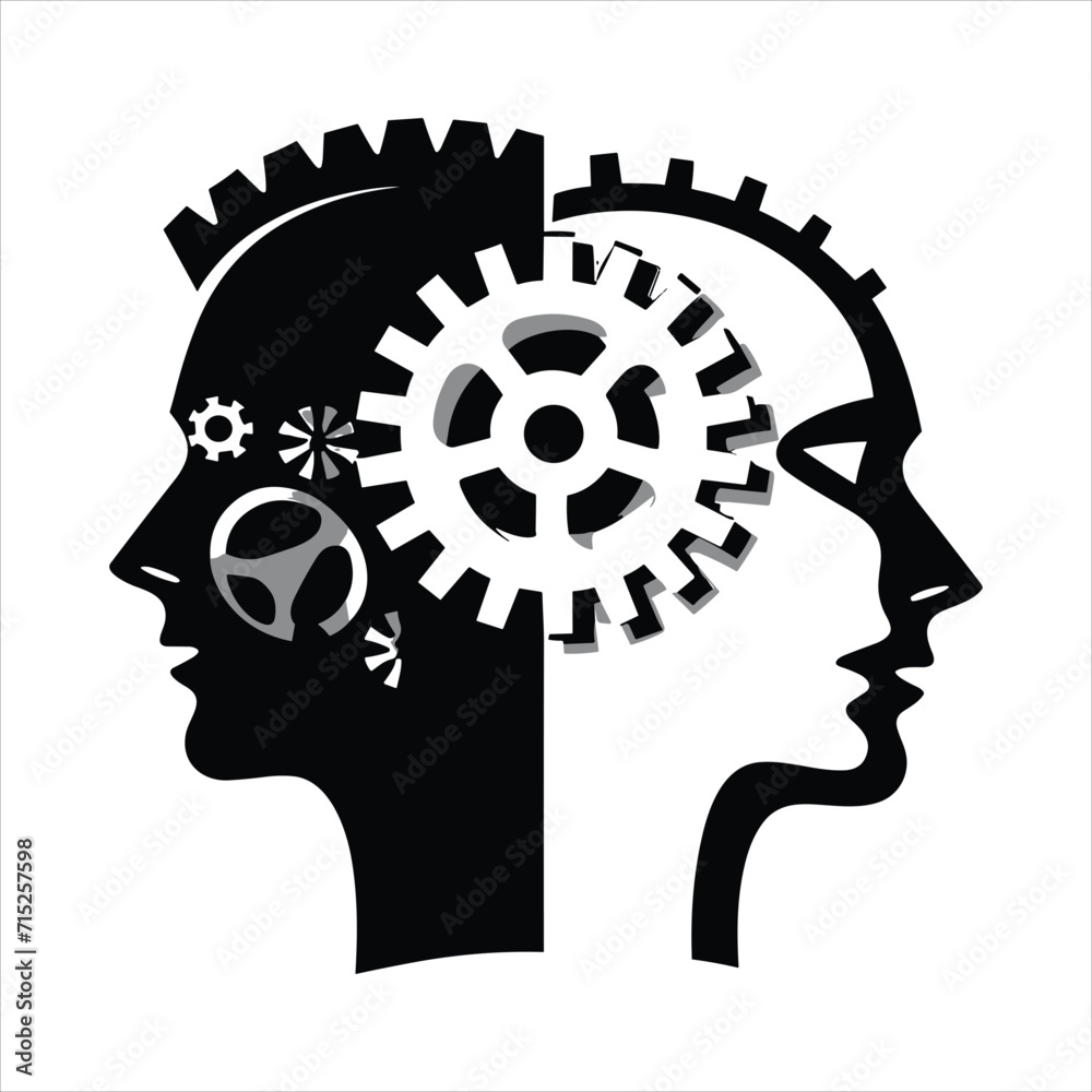 cogs interlocked within two heads talking corporate vector illustrations