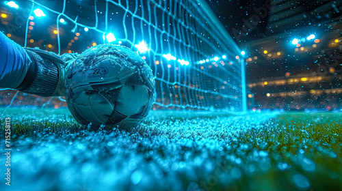 Goalkeeper prevents goal catches soccer ball on the field at night