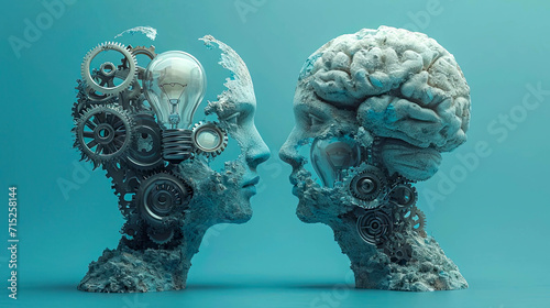 Two human heads with lightbulbs and gears on blue background