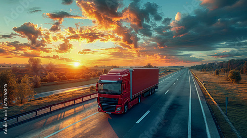 Truck with cargo on the road at sunset. Freight transportation