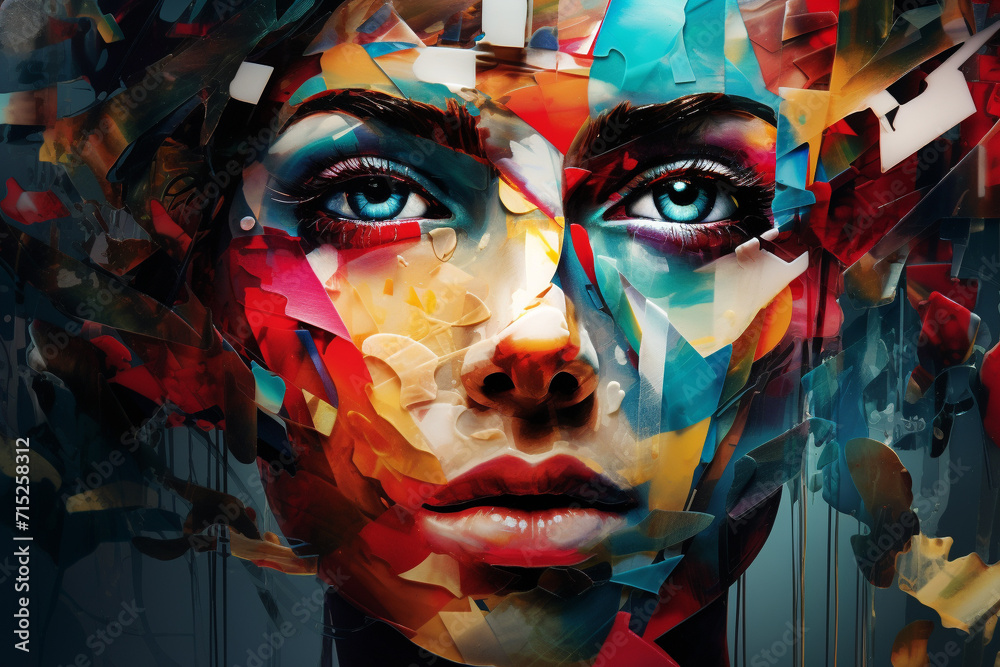 Abstract Portrait of Woman with Colorful Fragments.