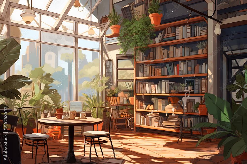 Cozy Greenhouse Cafe with Bookshelves.