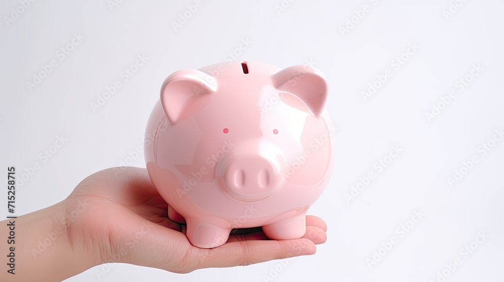 A hand holding a pink piggy bank, symbolizing savings, financial planning, or investment.