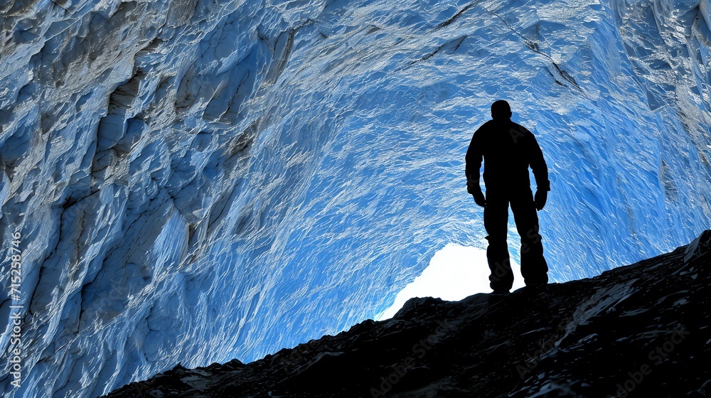 Explorer's Silhouette Against Ice Cave Entrance