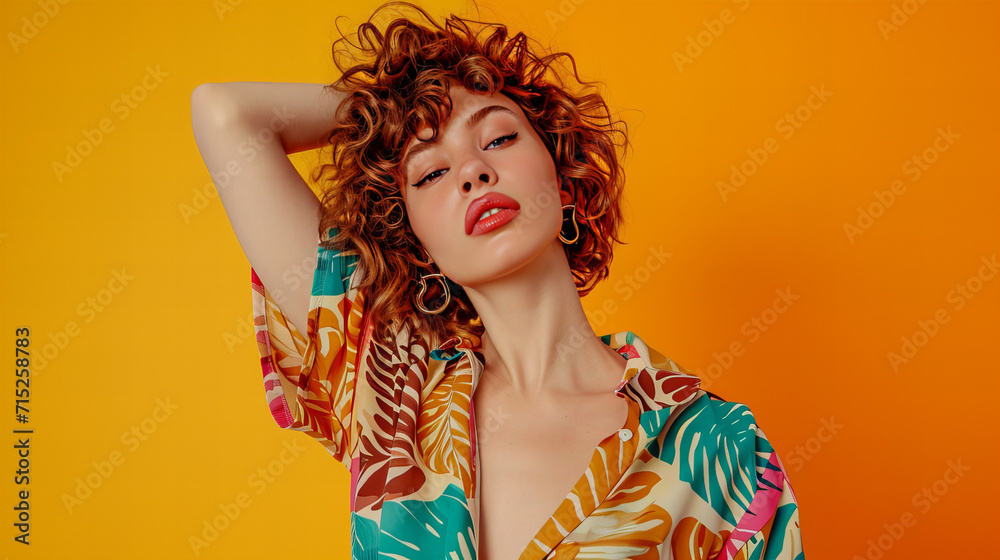 Woman With Curly Hair Wearing Colorful Shirt