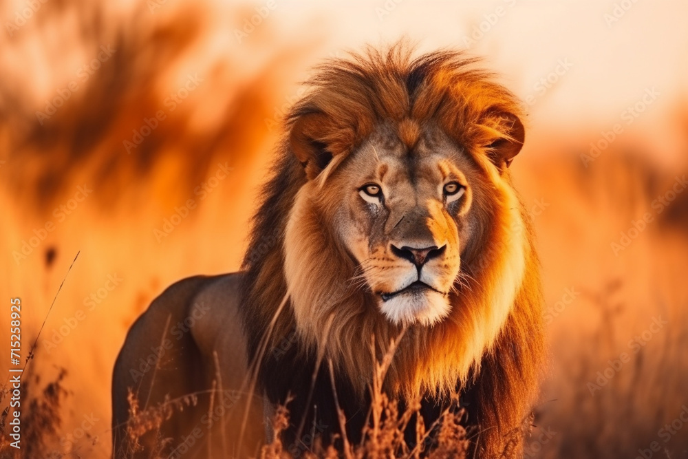 Majestic Lion in the Wild at Sunset.