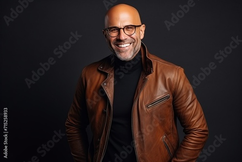 Handsome bald man in a leather jacket and glasses. Studio shot.