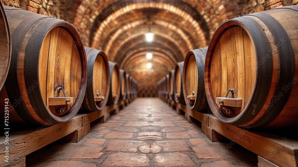 Interior of wine storage including big wooden barrels with a big copy space, Generative AI.