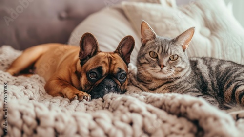 playful cat and dog pets on the bed with pillows, soft colors modern indoors, 