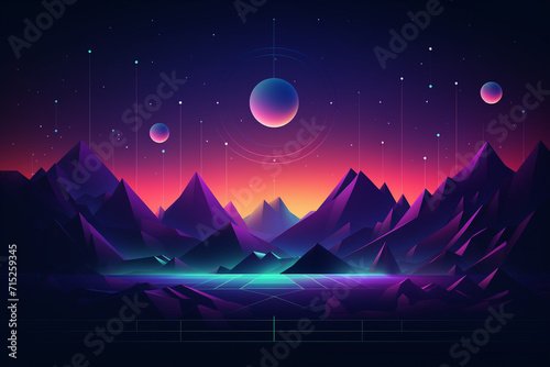 Synthwave Style Mountainous Landscape at Night.