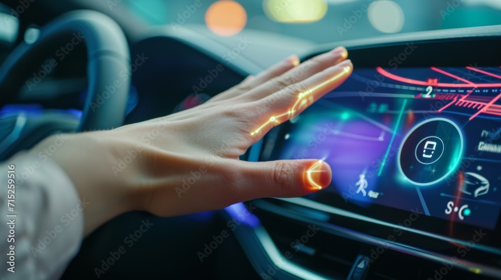 A closeup of a hand waving in front of the multifunctional infotainment screen selecting a new song with a gesture control gesture - obrazy, fototapety, plakaty 