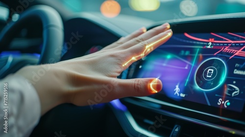 A closeup of a hand waving in front of the multifunctional infotainment screen selecting a new song with a gesture control gesture photo