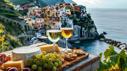 Italian appetizers cheese and wines outside restaurant with a beautiful sea view and houses, Generative AI. photo
