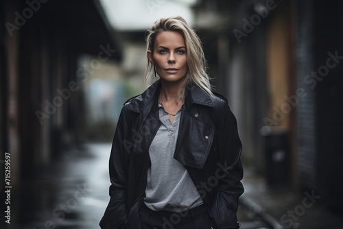 Obraz na płótnie Portrait of a beautiful fashionable woman in a black leather jacket in the city w salonie