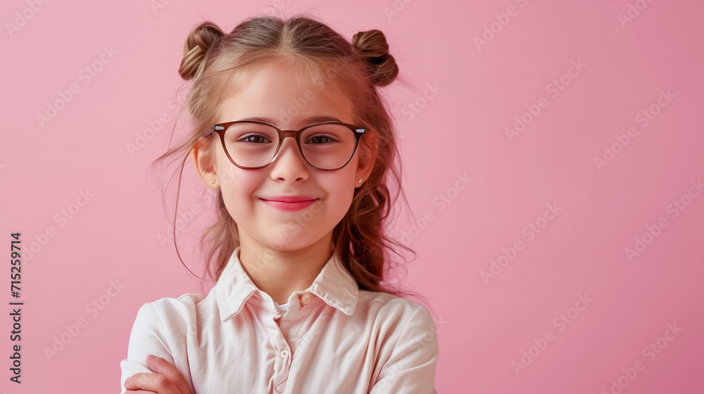 7-year-old girl disguised as teacher smiling full-length, sympathetic, facing front and tilting head, background with light and delicate colors