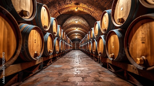 Interior of wine storage including big wooden barrels with a big copy space  Generative AI.