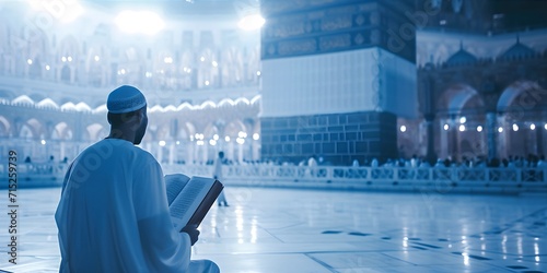 back view Muslim man sitting praying. holding and read Quran in front of Kaaba Macca islamic mosque, Ramadan kareen and eid fitr or adha mubarak day background illustration, Generative AI photo