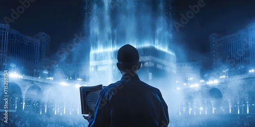 back view Muslim man sitting praying. holding and read Quran in front of Kaaba Macca islamic mosque, Ramadan kareen and eid fitr or adha mubarak day background illustration, Generative AI photo