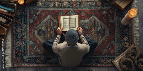 Top and back view Muslim man sitting praying on sajadah prayer mat. holding and read Quran in islamic mosque, Ramadan kareen and eid fitr or adha mubarak day background illustration, Generative AI