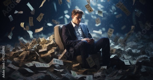 A businessman, wearing a suit, sinks underwater surrounded by dollar bills photo
