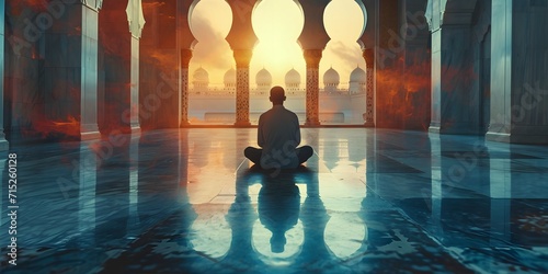 back view Muslim man sitting praying. holding and read Quran in islamic mosque, Ramadan kareen and eid fitr or adha mubarak day background illustration, Generative AI
