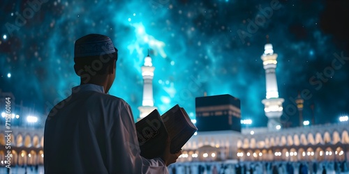 back view Muslim man sitting praying. holding and read Quran in front of Kaaba Macca islamic mosque, Ramadan kareen and eid fitr or adha mubarak day background illustration, Generative AI photo