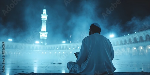 back view Muslim man sitting praying. holding and read Quran in front of Kaaba Macca islamic mosque, Ramadan kareen and eid fitr or adha mubarak day background illustration, Generative AI photo