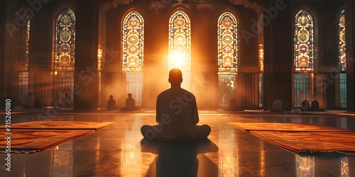 back view Muslim man sitting praying. holding and read Quran in islamic mosque, Ramadan kareen and eid fitr or adha mubarak day background illustration, Generative AI © MiniRiz