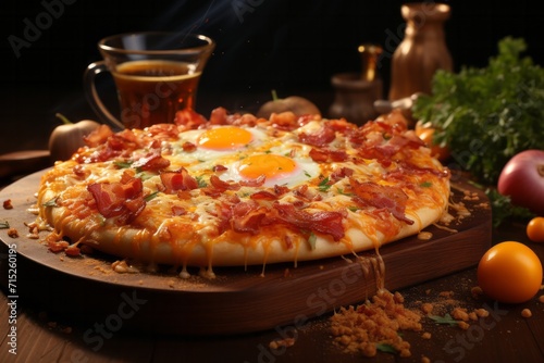 Breakfast Pizza with Eggs and Bacon, on an isolated Sunrise Orange background, Generative AI