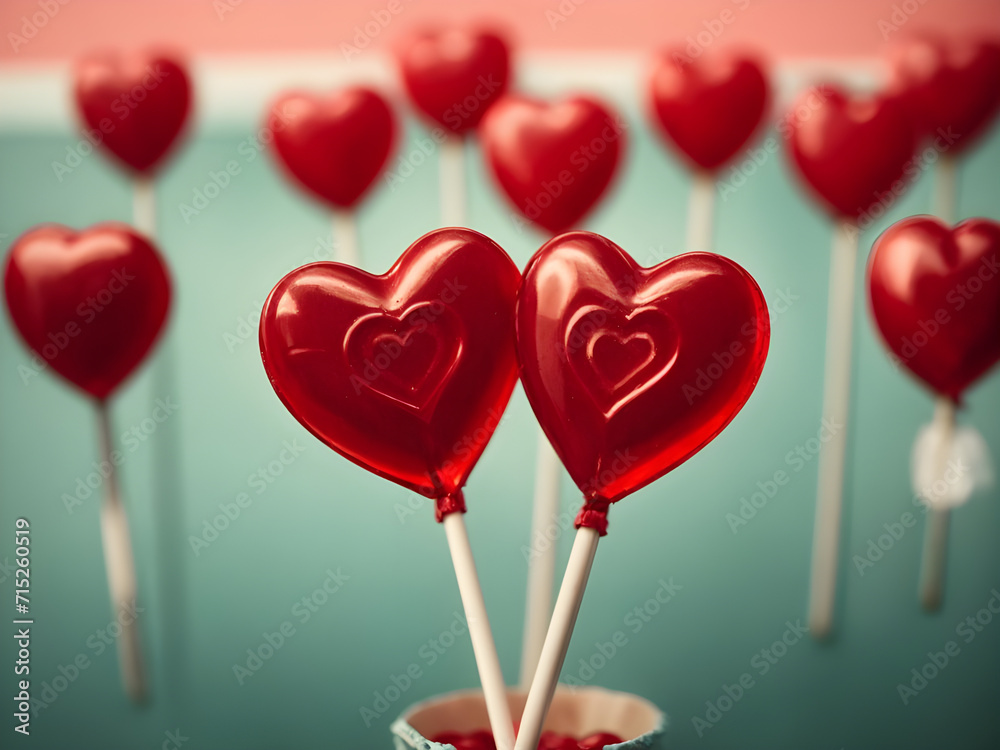 Red heart shaped lollipops on blue background. Valentine's day concept.