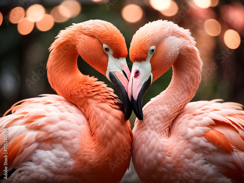 Close up of two flamingos kissing with heart shape, valentine concept. (Phoenicopterus ruber)