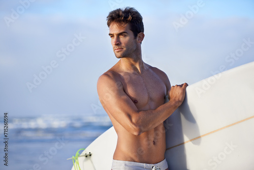 Thinking, surfing and man with surfboard at beach for, waves on summer vacation, weekend and holiday by sea. Travel, nature and person by ocean for water sports, adventure and fun in Australia