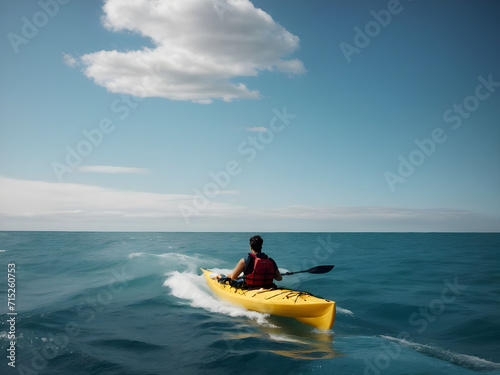 Man paddling a yellow kayak in the sea with cloudy sky