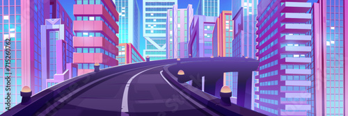 Highway flyover in modern city. Vector cartoon illustration of bridge overpass against futuristic cityscape background, road to modern skyscrapers, cyberpunk game backdrop, transport infrastructure