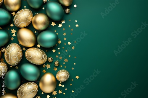 Easter background with green and golden eggs. Happy Easter, spring, farm, holiday, festive scene, greeting cards, posters. Easter holiday card concept. Copy space. 
