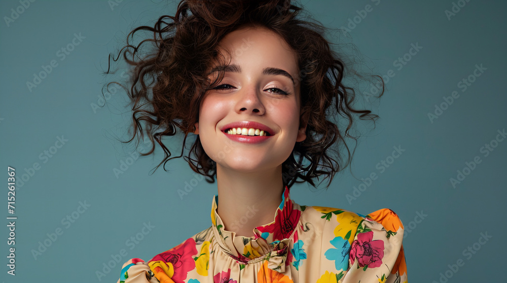 Smiling Woman With Curly Hair Wearing Blouse Smiling Woman With Curly Hair Wearing Blouse