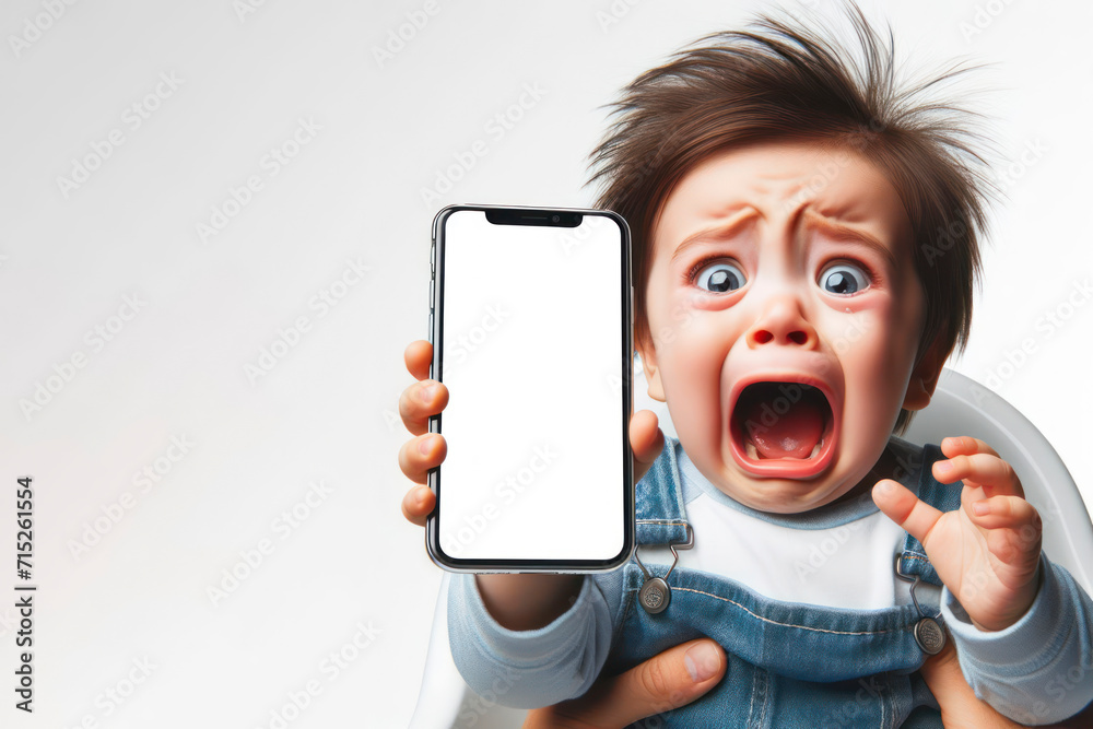 shocked child with open mouth crying and holding smartphone on solid white background. ai generative - obrazy, fototapety, plakaty 