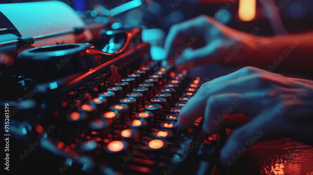 Closeup of a persons hand writing a message on a neonlit vintage typewriter the keys clicking and the neon glow adding to the nostalgic feel Closeup of a persons hand writing a message on a neonlit vintage typewriter the keys clicking and the neon glow adding to the nostalgic feel