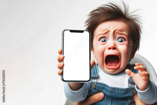 shocked child with open mouth crying and holding smartphone on solid white background. ai generative photo