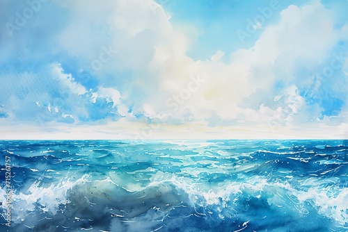 a colorful and vibrant painting depicting a beautiful beach scene. Waves with white foam crash gently onto the sandy shore