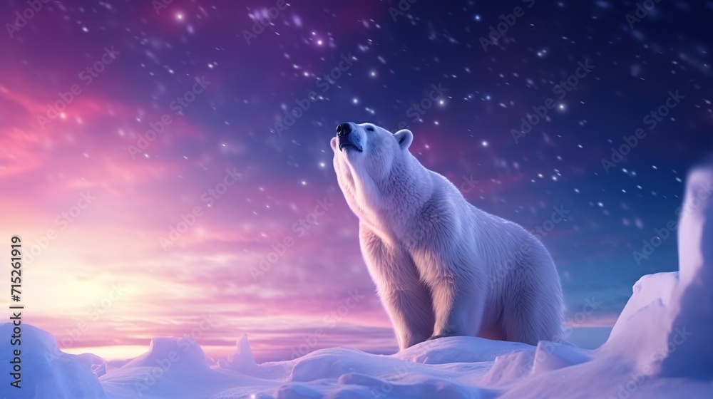 Fototapeta premium Polar bear snowflakes and skyWinter landscape with animals landscape mock up image
