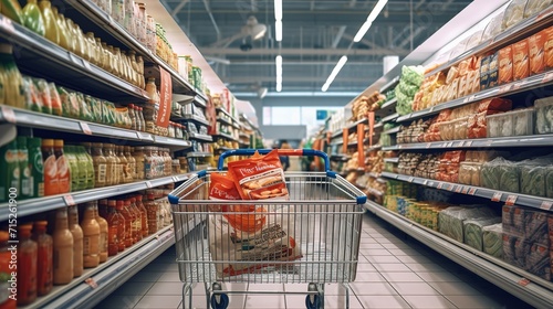 Abstract blur image of supermarket background defocused shelves with fresh products generative ai